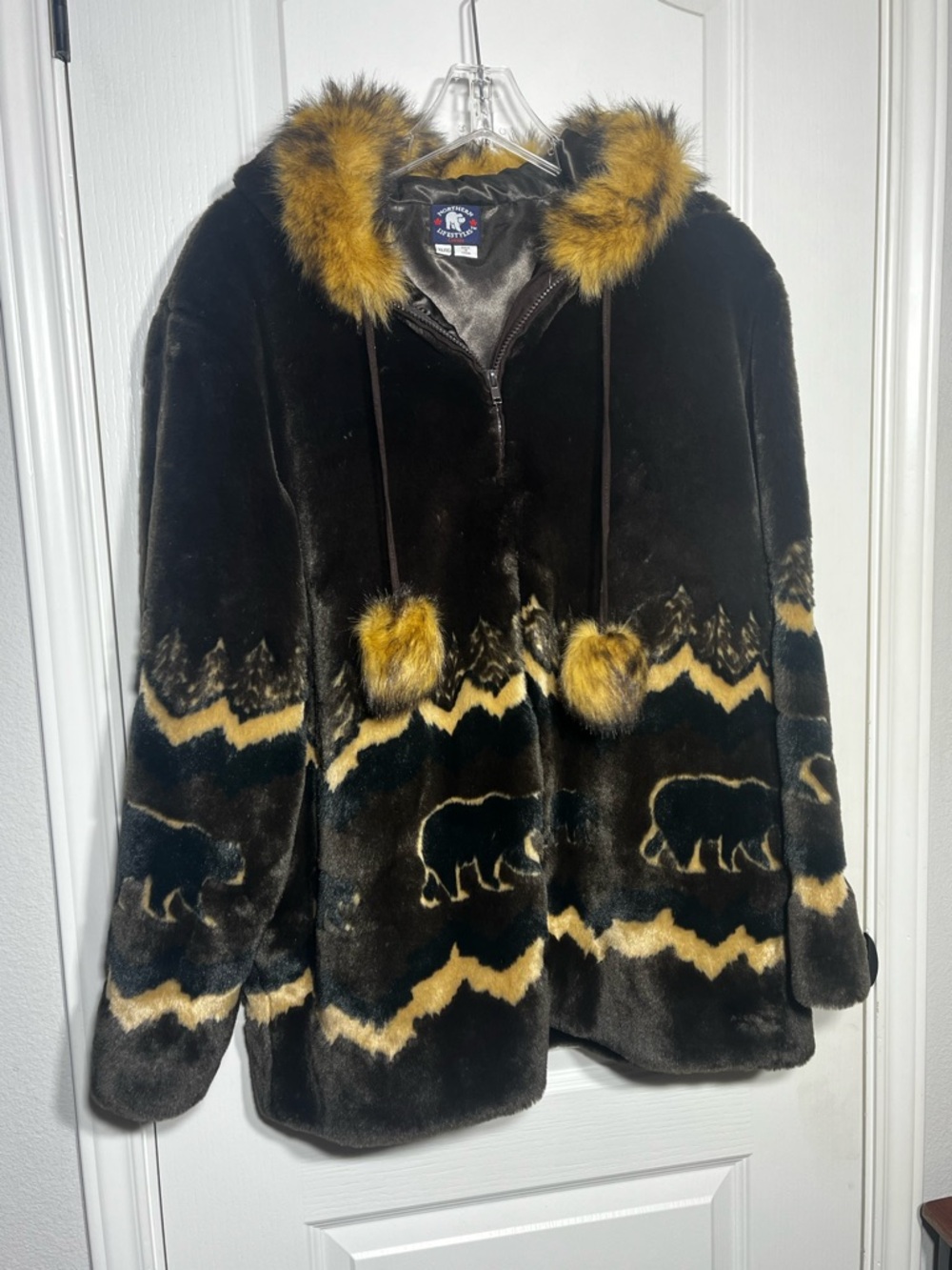 NORTHERN LIFESTYLES Faux Fur Hooded Jacket Bear Motif - Black & Tan NWT HOODED